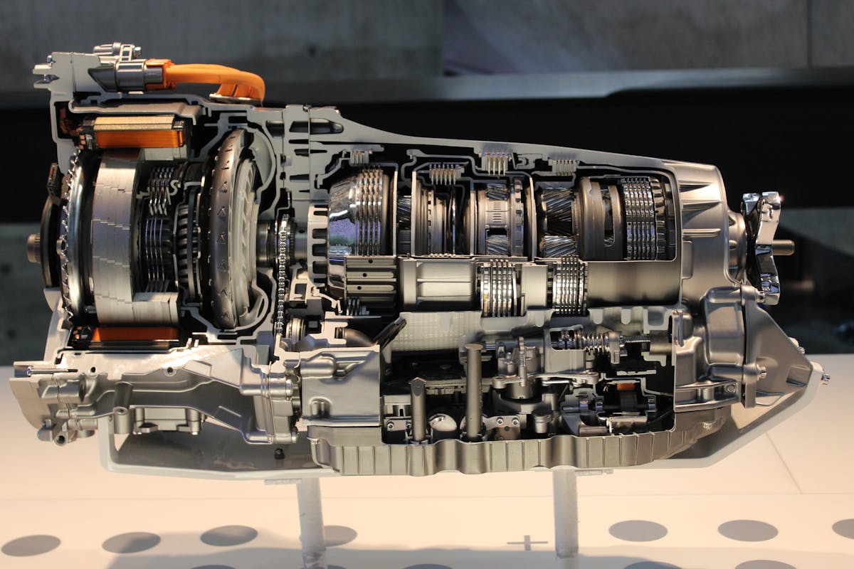 A close-up of a manual gearbox / transmission cutaway.